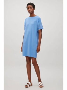 COS Blue Silk Sleeve T-Shirt Dress Size XS Pockets Minimalist Casual Jersey Knit